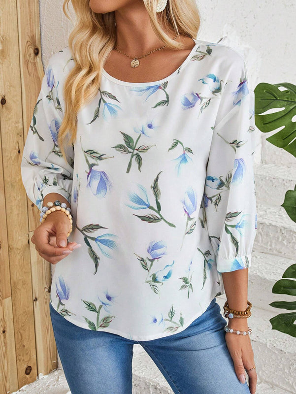 EMERY ROSE Camisa blanca casual con estampado de campo rural y manga media, versatil para mujeres
