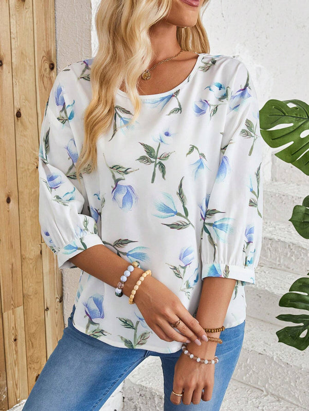 EMERY ROSE Camisa blanca casual con estampado de campo rural y manga media, versatil para mujeres