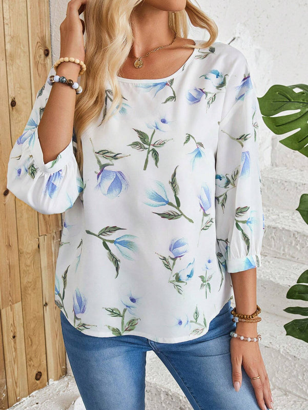 EMERY ROSE Camisa blanca casual con estampado de campo rural y manga media, versatil para mujeres