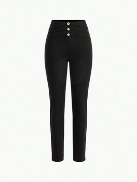 MOTF PREMIUM Pantalones ajustados de detalle de boton dorado solido para verano