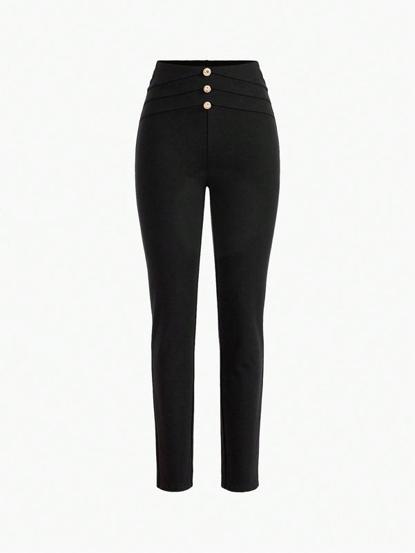 MOTF PREMIUM Pantalones ajustados de detalle de boton dorado solido para verano