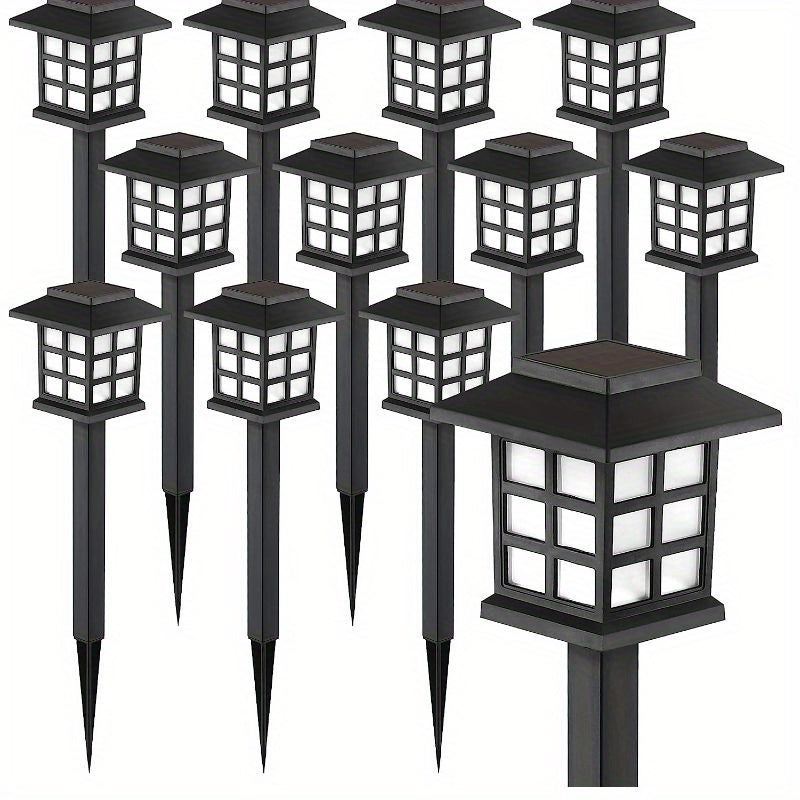 12-Pack LED Luces Solares para Jardín, Linternas de Estilo Plástico para Caminos, Batería de Níquel de 300 mAh, Antorchas de Estaca de Fácil Instalación para Pasarelas, Decoración de Jardines y Comunidades - Luz Blanca y Cálida