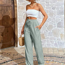 Pantalones largos sencillos de mujer de uso diario con cintura ajustable y unicolor