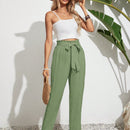 Frenchy pantalones acampanados con cintura alta, cinturon de amarre y dobladillo con volantes, de lino texturizado para damas