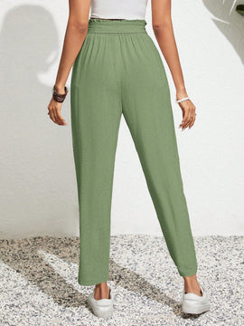 Frenchy pantalones acampanados con cintura alta, cinturon de amarre y dobladillo con volantes, de lino texturizado para damas