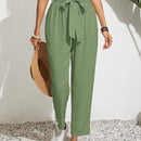 Frenchy pantalones acampanados con cintura alta, cinturon de amarre y dobladillo con volantes, de lino texturizado para damas