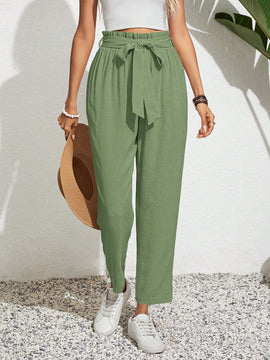 Frenchy pantalones acampanados con cintura alta, cinturon de amarre y dobladillo con volantes, de lino texturizado para damas