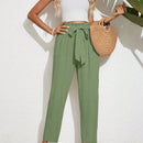 Frenchy pantalones acampanados con cintura alta, cinturon de amarre y dobladillo con volantes, de lino texturizado para damas