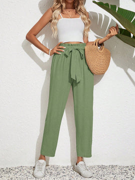 Frenchy pantalones acampanados con cintura alta, cinturon de amarre y dobladillo con volantes, de lino texturizado para damas