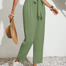 Frenchy pantalones acampanados con cintura alta, cinturon de amarre y dobladillo con volantes, de lino texturizado para damas