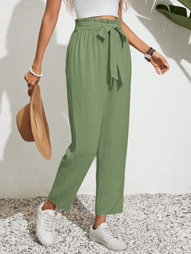 Frenchy pantalones acampanados con cintura alta, cinturon de amarre y dobladillo con volantes, de lino texturizado para damas