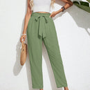 Frenchy pantalones acampanados con cintura alta, cinturon de amarre y dobladillo con volantes, de lino texturizado para damas