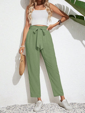 Frenchy pantalones acampanados con cintura alta, cinturon de amarre y dobladillo con volantes, de lino texturizado para damas