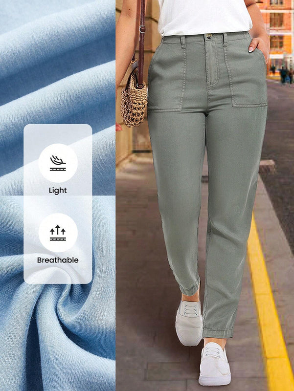 LUNE Pantalones casuales de pierna recta para mujer con bolsillos con parche