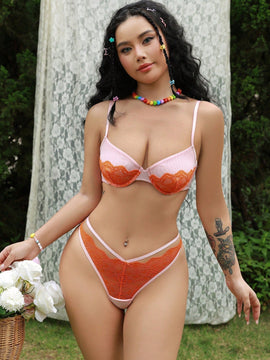 Eraneu Conjunto de lenceria de encaje y malla de colores contrastantes para mujeres