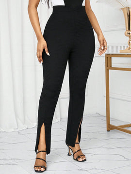 Lady Pantalones de textura femenina con dobladillo alto-bajo y raja