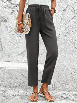 LUNE Pantalones de capri para mujer con cintura elastica, cordon y bolsillos