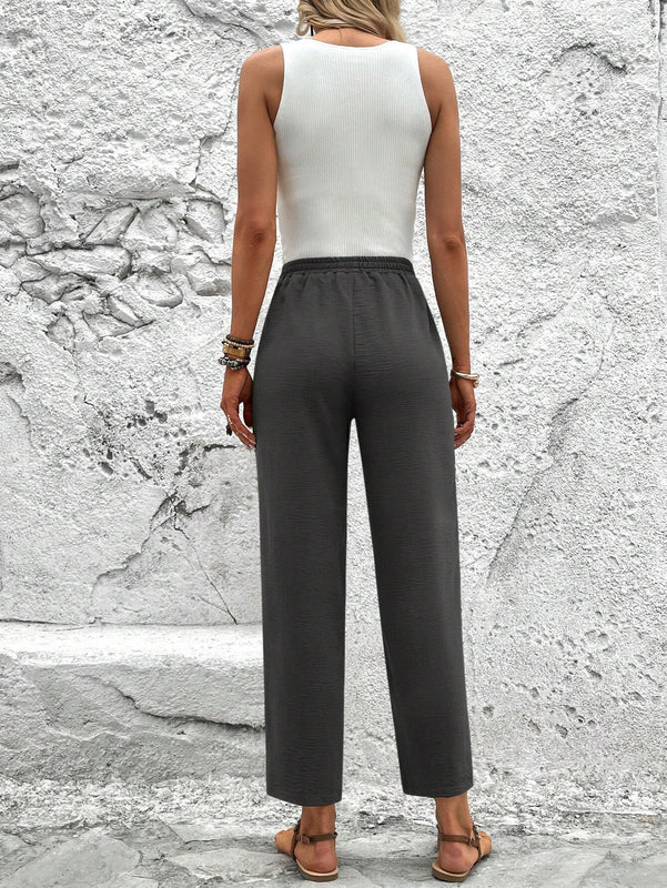 LUNE Pantalones de capri para mujer con cintura elastica, cordon y bolsillos