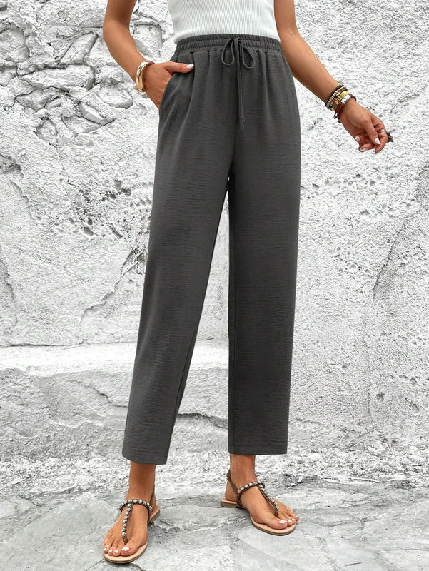 LUNE Pantalones de capri para mujer con cintura elastica, cordon y bolsillos