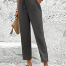 LUNE Pantalones de capri para mujer con cintura elastica, cordon y bolsillos