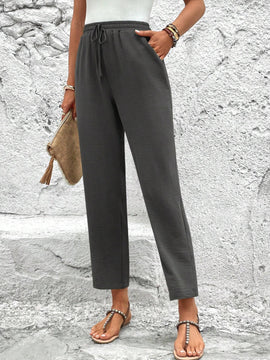 LUNE Pantalones de capri para mujer con cintura elastica, cordon y bolsillos