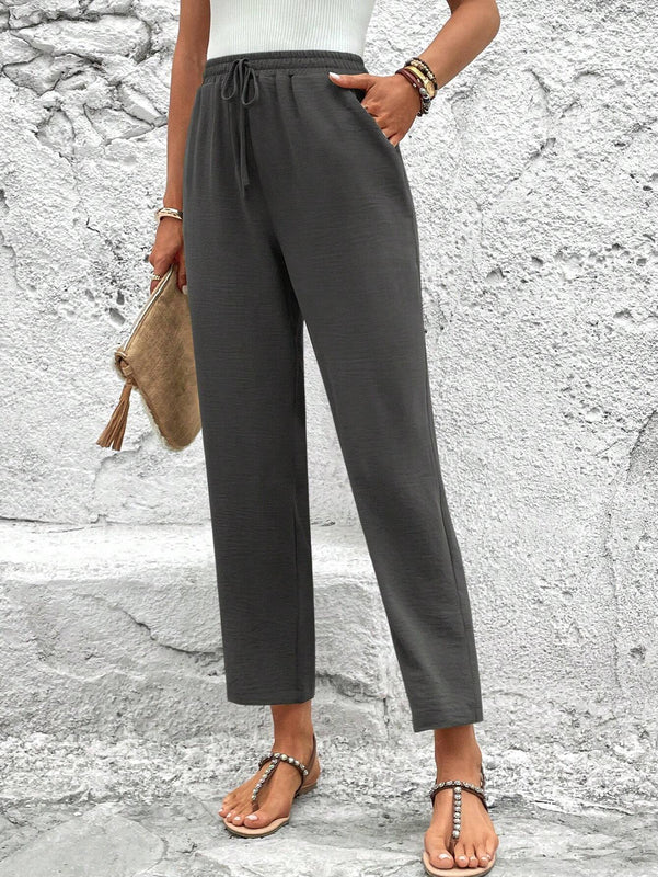 LUNE Pantalones de capri para mujer con cintura elastica, cordon y bolsillos