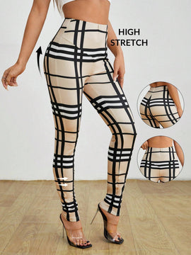 PETITE Pantalones elasticos para mujer con estampado de cuadros y cintura alta