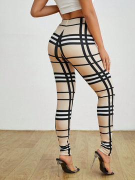 PETITE Pantalones elasticos para mujer con estampado de cuadros y cintura alta