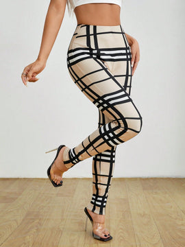 PETITE Pantalones elasticos para mujer con estampado de cuadros y cintura alta
