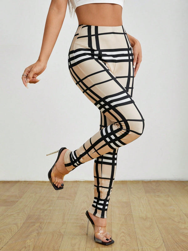 PETITE Pantalones elasticos para mujer con estampado de cuadros y cintura alta