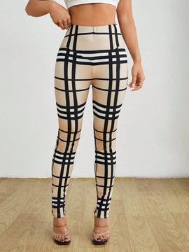 PETITE Pantalones elasticos para mujer con estampado de cuadros y cintura alta