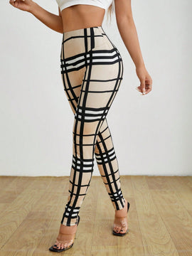 PETITE Pantalones elasticos para mujer con estampado de cuadros y cintura alta