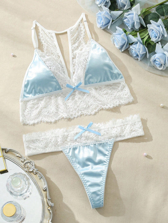 Conjunto de lenceria romantica de 2 piezas con bloques de color y encaje