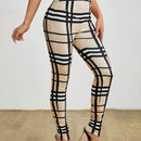 PETITE Pantalones elasticos para mujer con estampado de cuadros y cintura alta