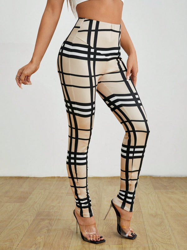 PETITE Pantalones elasticos para mujer con estampado de cuadros y cintura alta