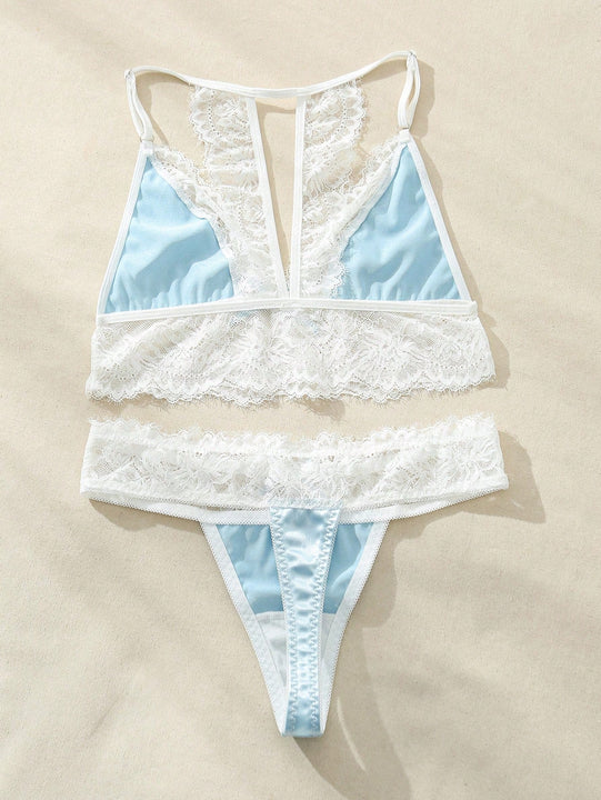 Conjunto de lenceria romantica de 2 piezas con bloques de color y encaje