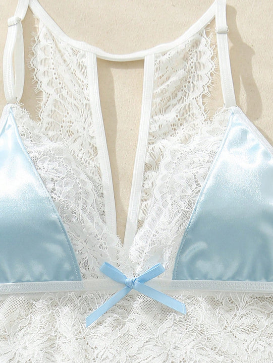 Conjunto de lenceria romantica de 2 piezas con bloques de color y encaje