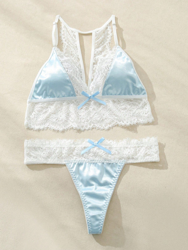 Conjunto de lenceria romantica de 2 piezas con bloques de color y encaje