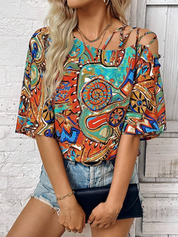Camisa para mujer de manga murcielago con escote asimetrico y estampado completo para verano