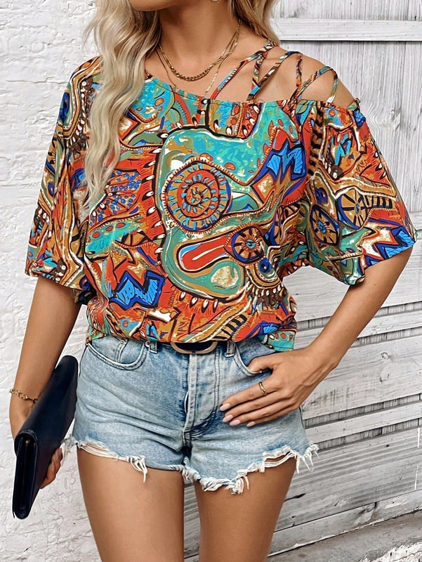 Camisa para mujer de manga murcielago con escote asimetrico y estampado completo para verano