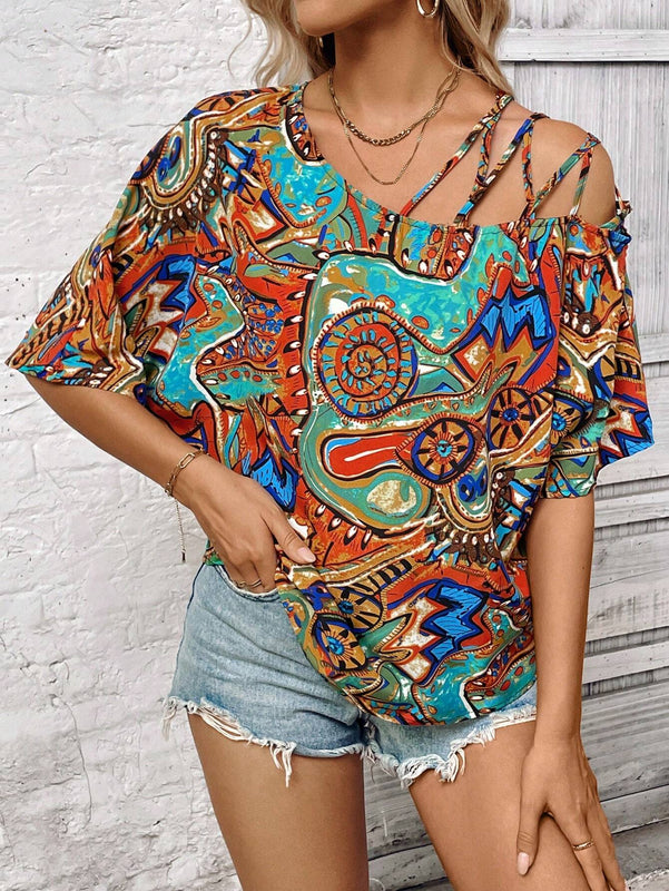Camisa para mujer de manga murcielago con escote asimetrico y estampado completo para verano