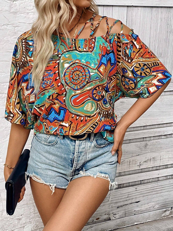Camisa para mujer de manga murcielago con escote asimetrico y estampado completo para verano