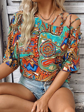 Camisa para mujer de manga murcielago con escote asimetrico y estampado completo para verano