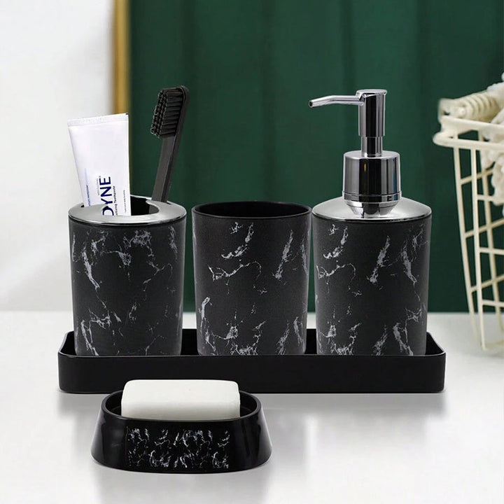 Juego de 5 piezas de accesorios de baño de mármol negro - Soporte de cepillo de dientes de plástico, dispensador de jabón, recipiente de jabón, tazas con bandeja