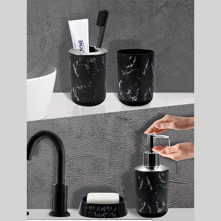 Juego de 5 piezas de accesorios de baño de mármol negro - Soporte de cepillo de dientes de plástico, dispensador de jabón, recipiente de jabón, tazas con bandeja