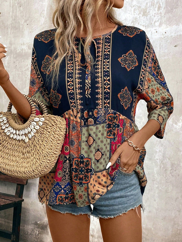 Camisa de estilo vintage para vacaciones de mujer con cuello redondo y estampado