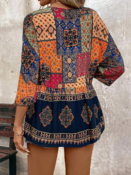 Camisa de estilo vintage para vacaciones de mujer con cuello redondo y estampado