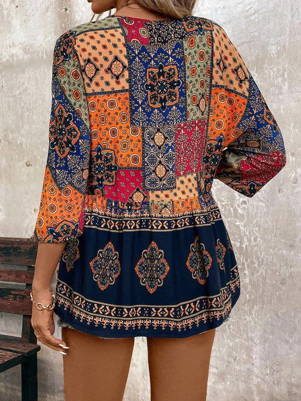 Camisa de estilo vintage para vacaciones de mujer con cuello redondo y estampado
