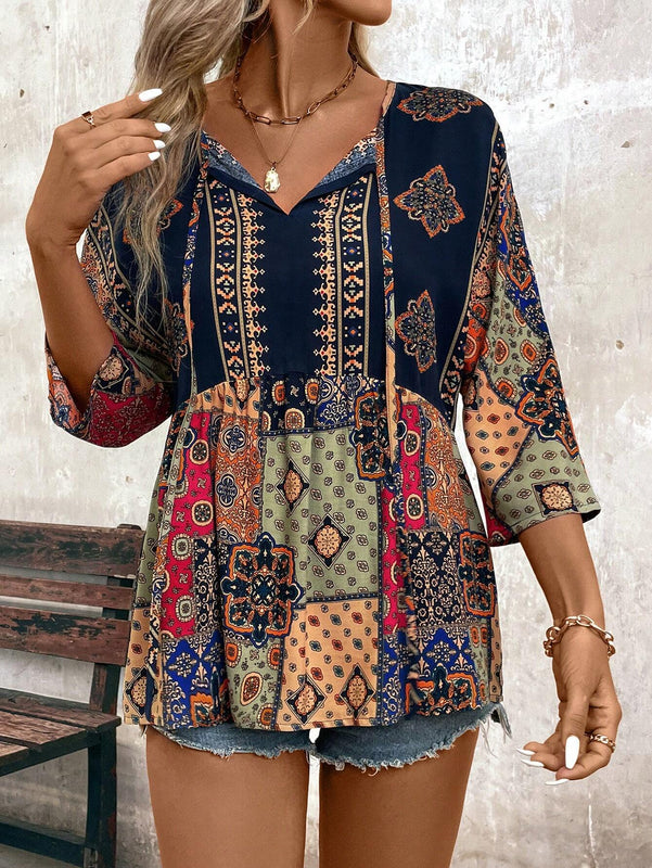 Camisa de estilo vintage para vacaciones de mujer con cuello redondo y estampado