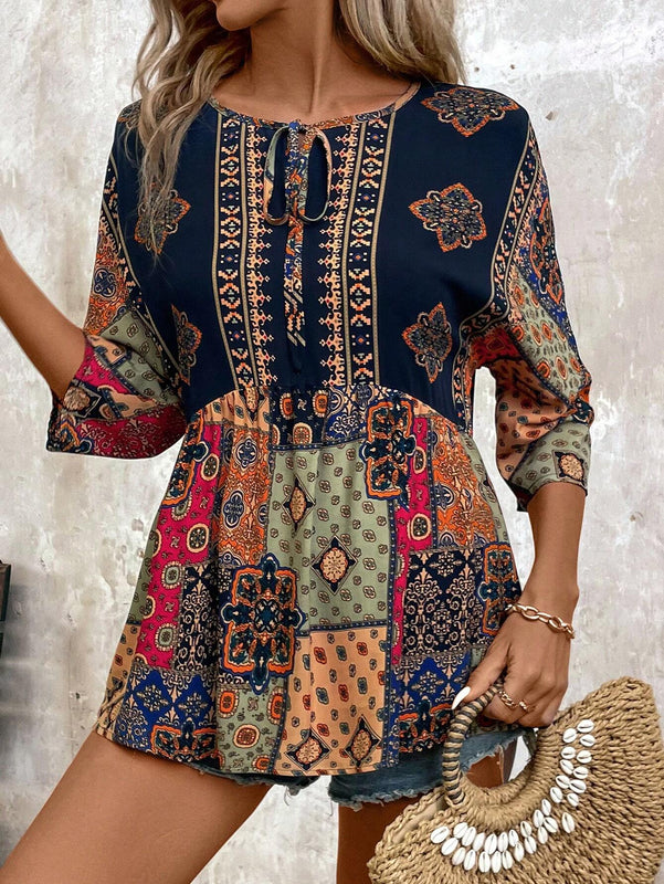 Camisa de estilo vintage para vacaciones de mujer con cuello redondo y estampado